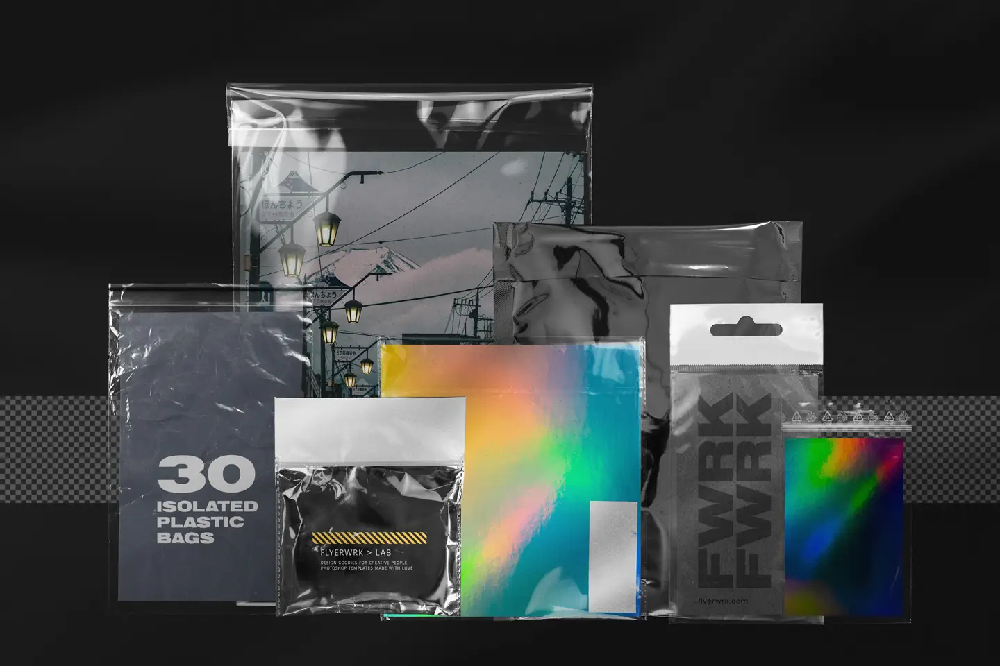 Isolated Empty Plastic Bags collection featuring realistic transparent textures for professional graphic design and mockups