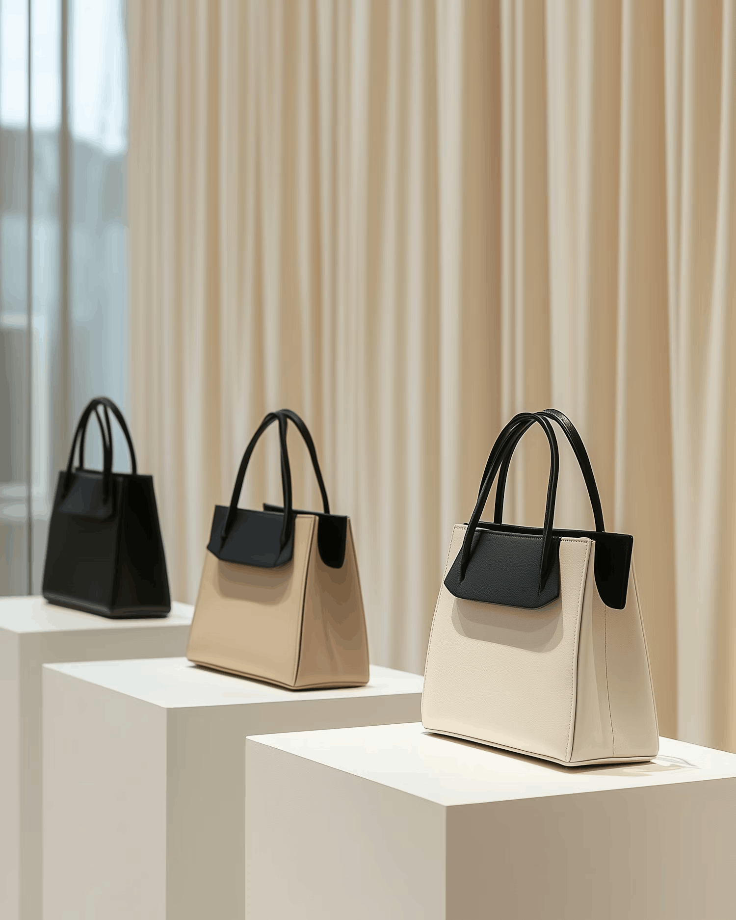 Collection of elegant handbags displayed on white pedestals with curtain backdrop