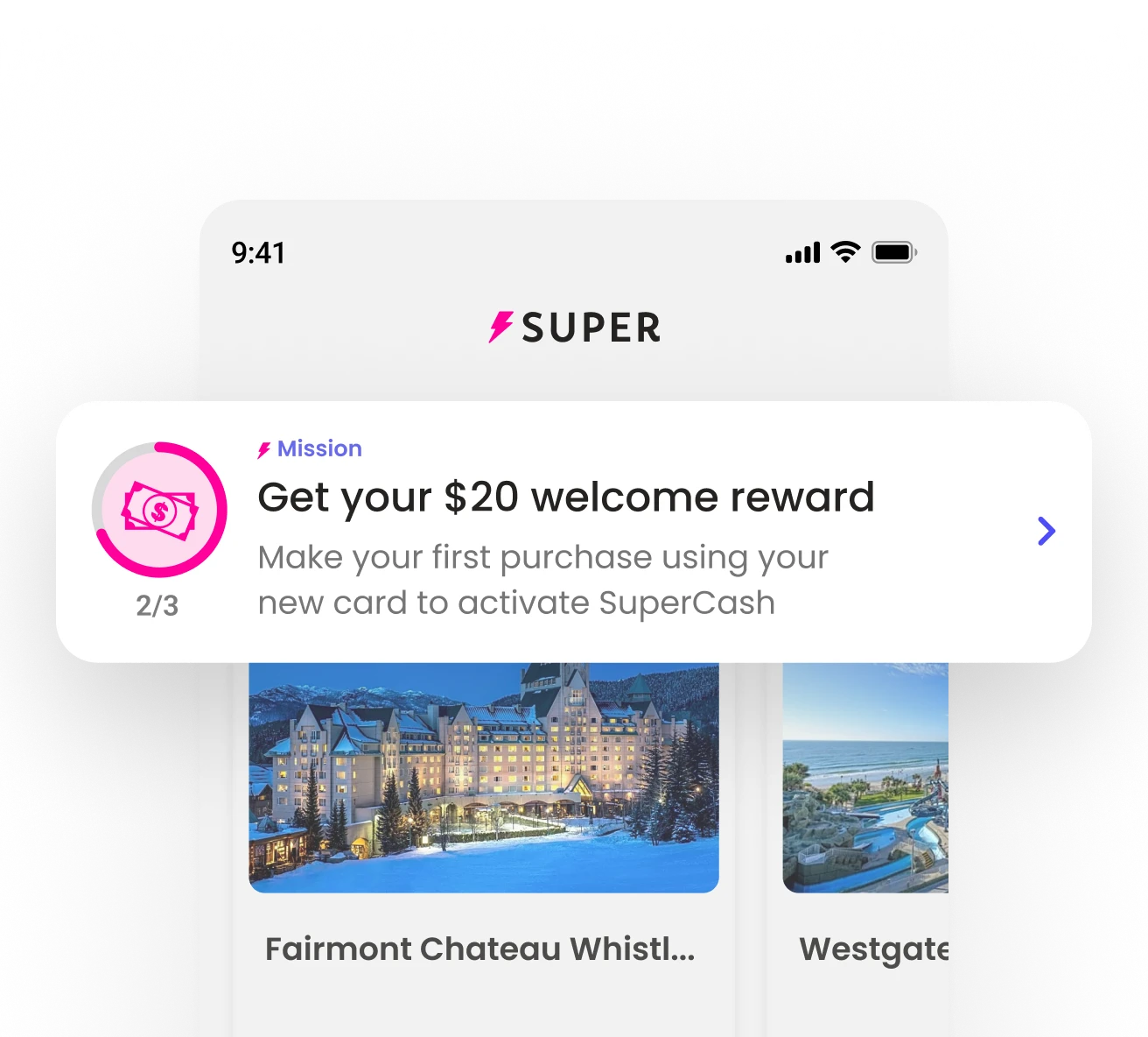 SuperCash app screen displaying the Completed Missions section. Two missions are shown: ‘20% cash back’ and ‘$20 hotel discount,’ each with a pink checkmark icon and a purple ‘Redeem’ button on a light pink background.