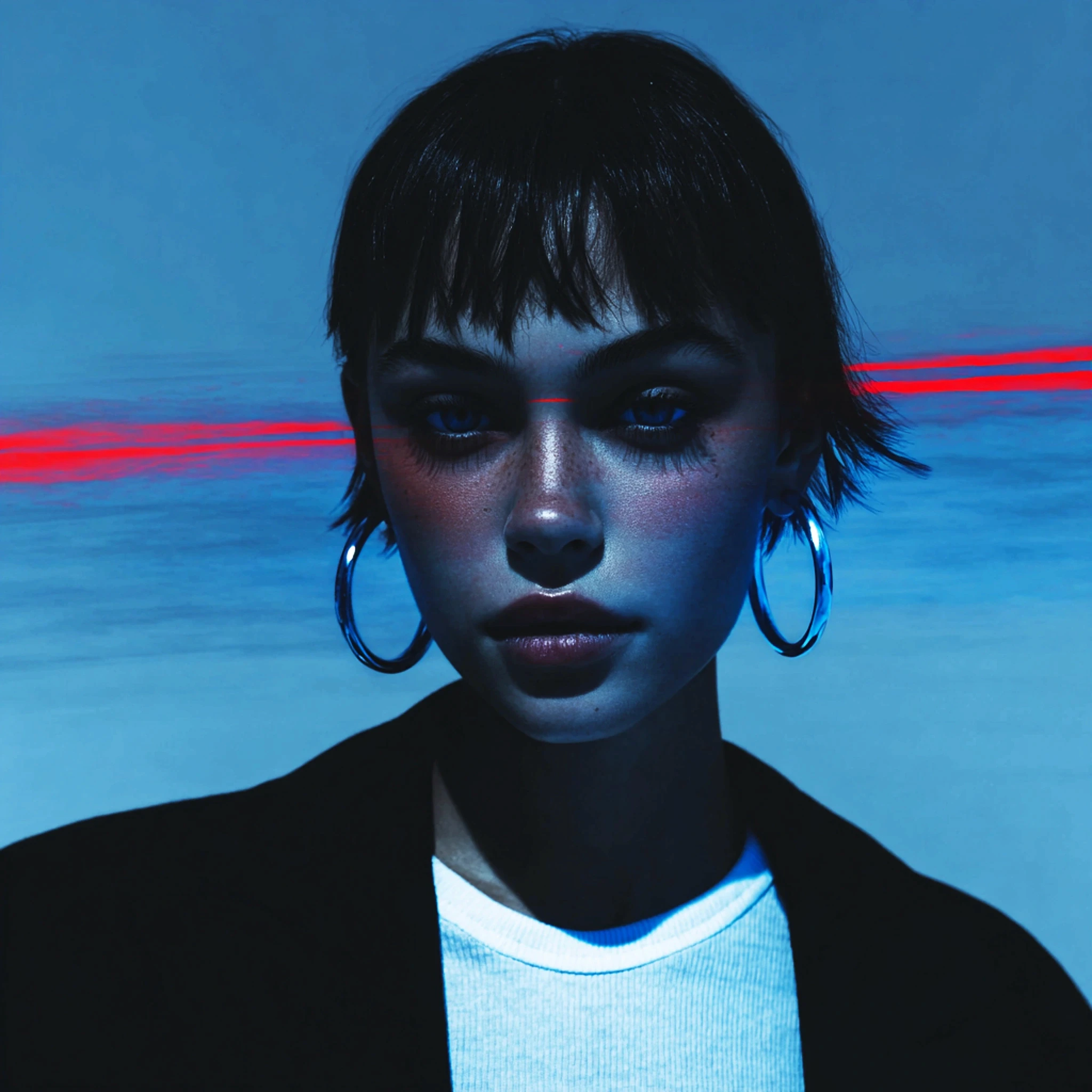 Female portrait, dark hair, wearing necklaces.