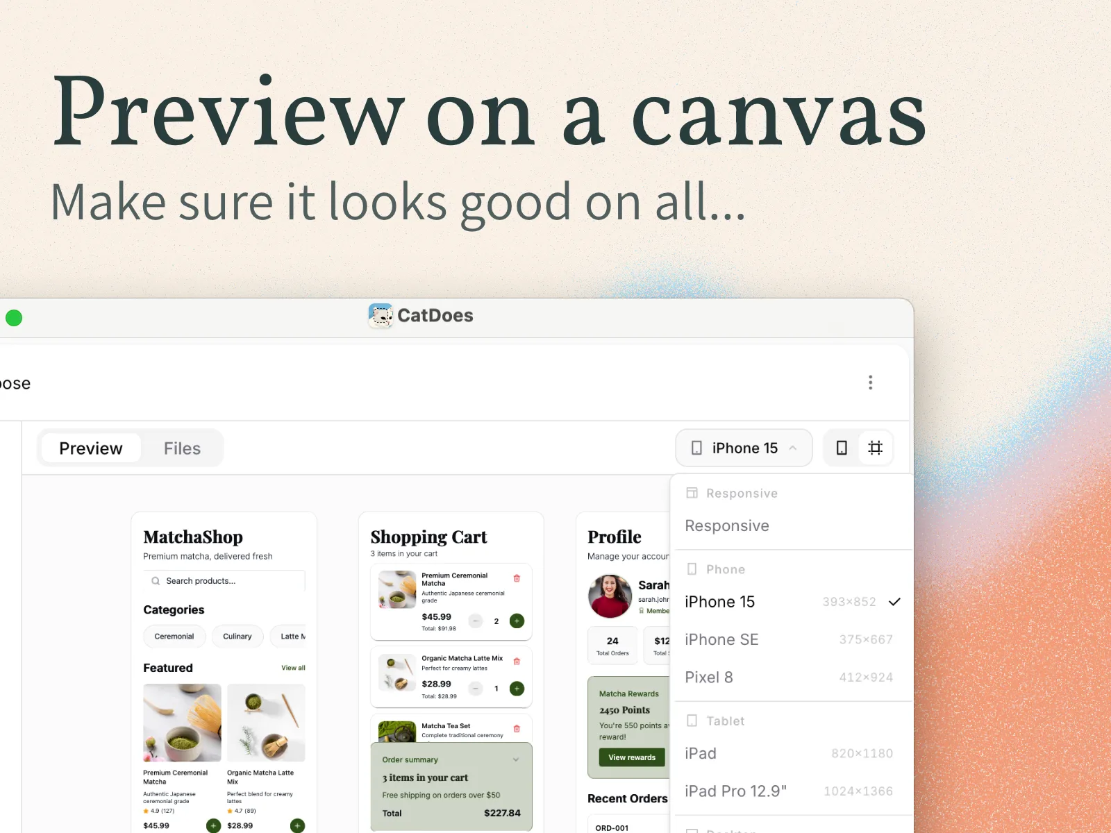 Previewing a CatDoes app across iPhone, iPad, and desktop on the multi-device canvas