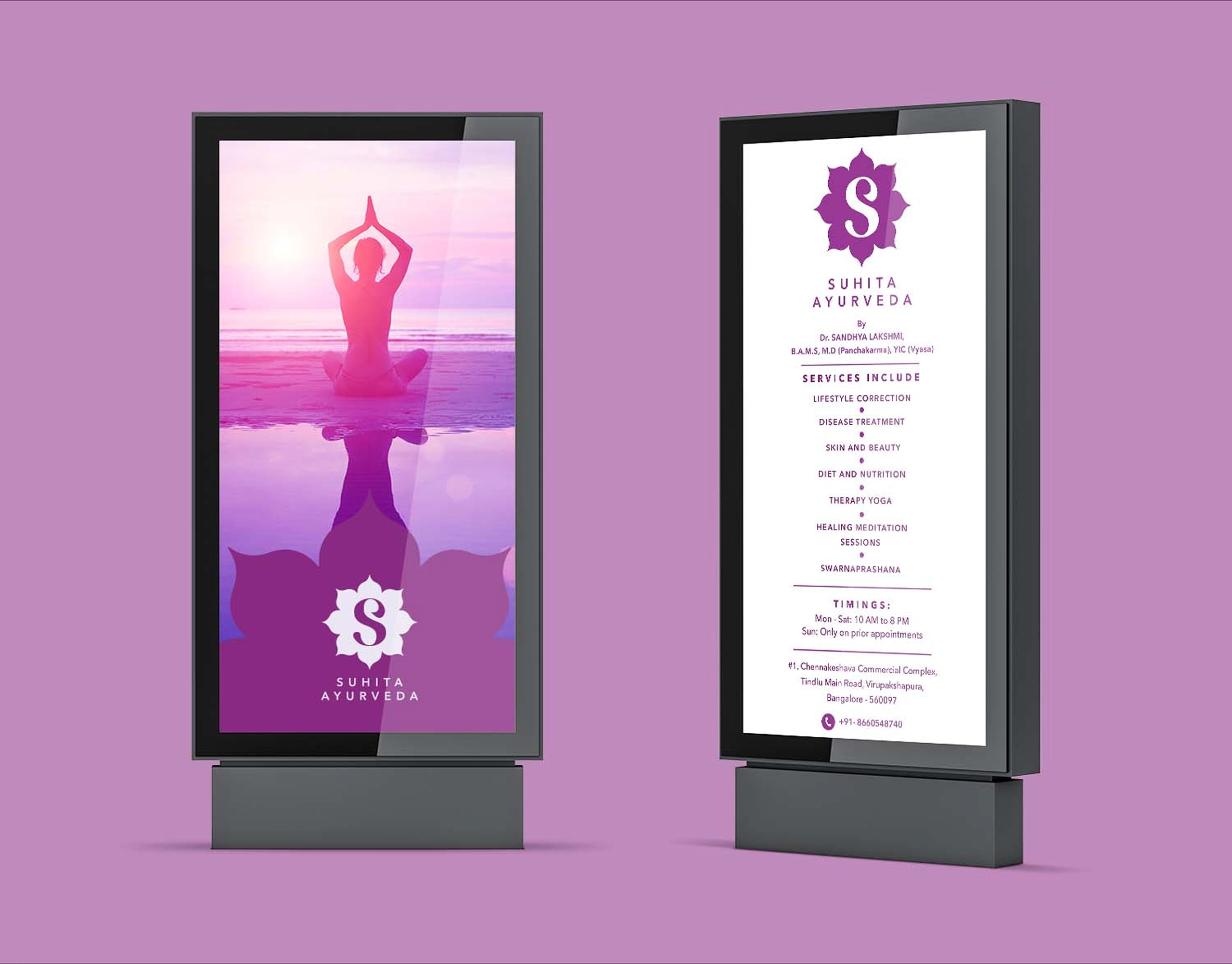 Outdoor display posters showcasing Suhita Ayurveda services and brand visuals