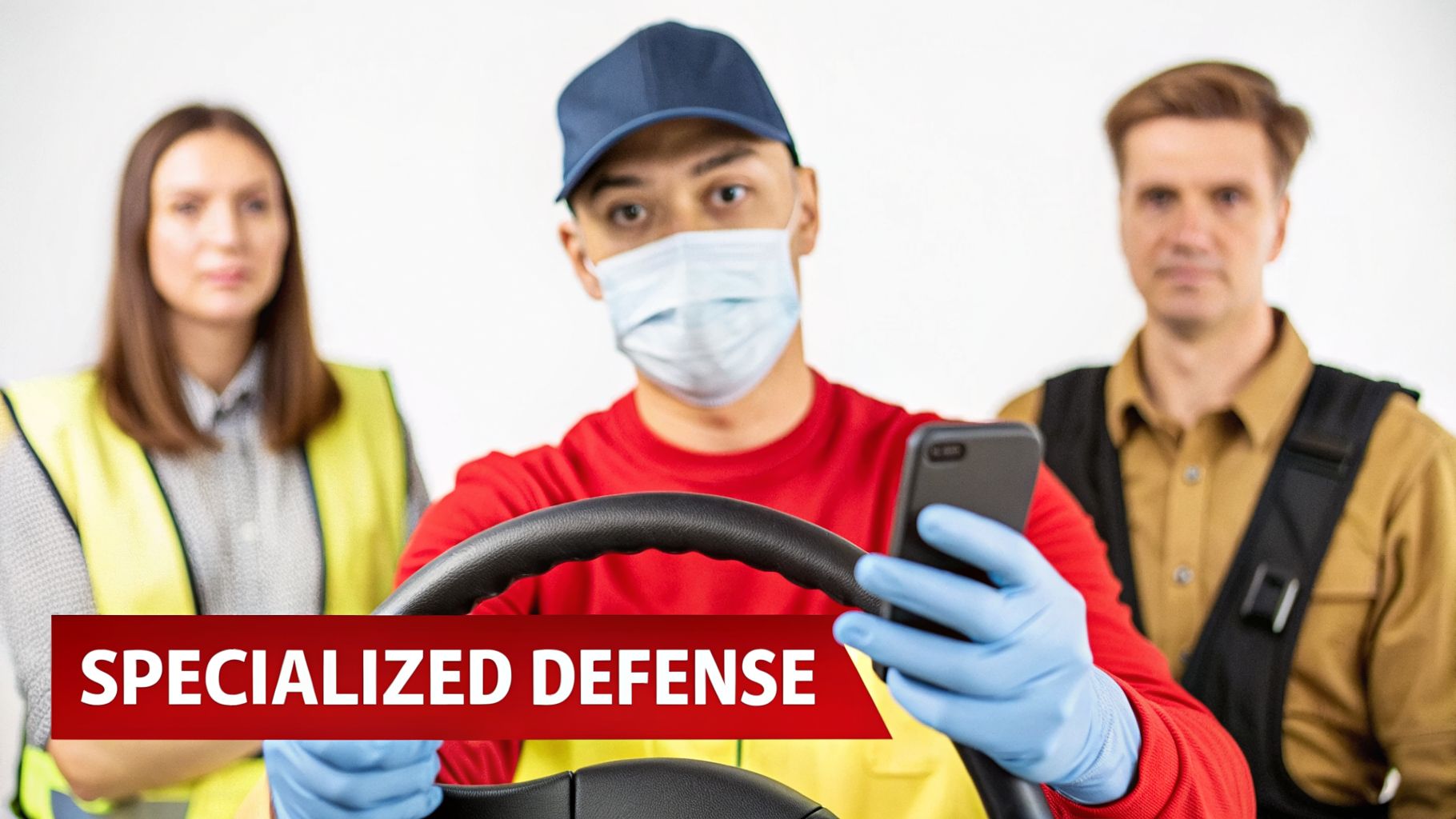 A masked driver in blue gloves holds a steering wheel and phone, with two professional team members behind.