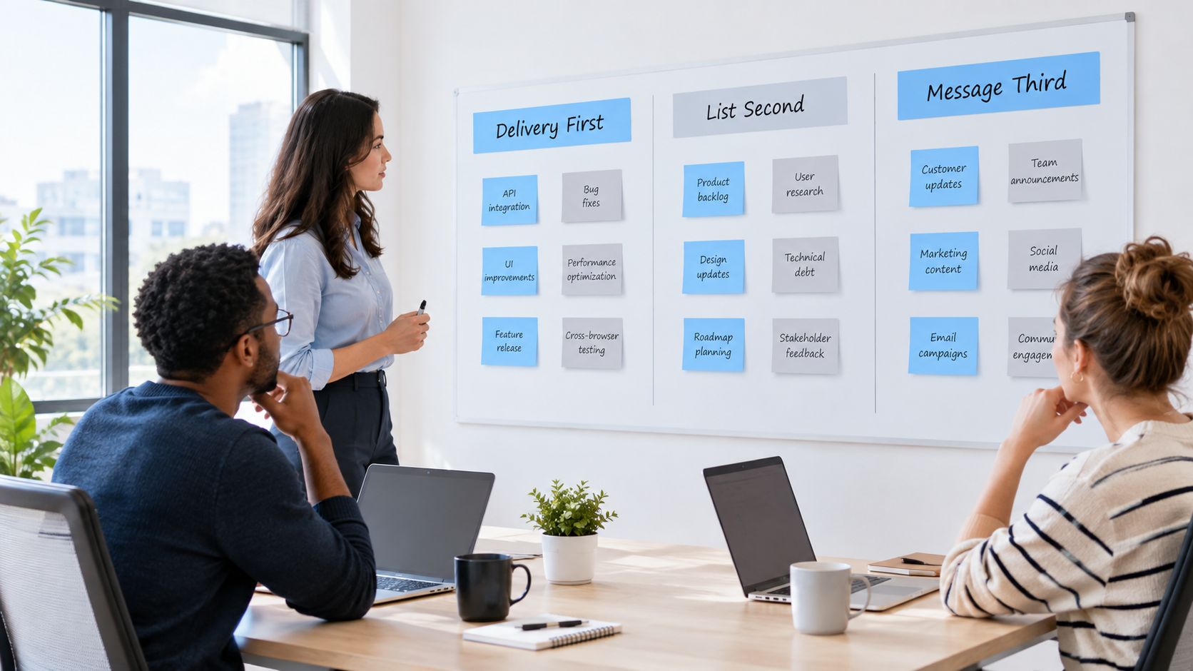A professional team collaborating on a strategy whiteboard in a modern office meeting room setting.