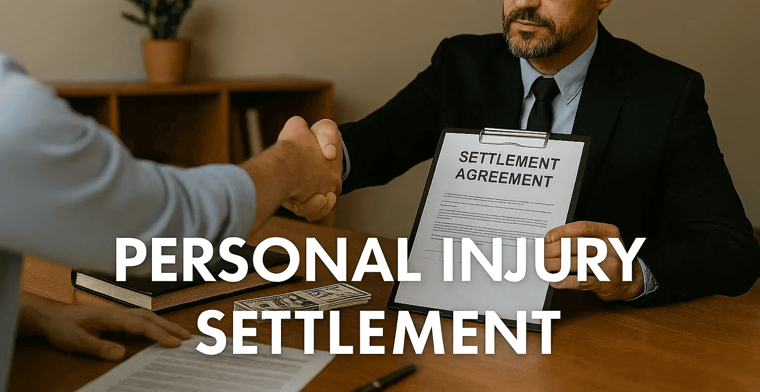 Personal Injury Settlement image showing a lawyer shaking hands with a client while holding a ‘Settlement Agreement’ document, with cash on the table and the words ‘PERSONAL INJURY SETTLEMENT’ overlaid.