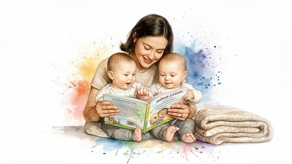 A smiling mother reads a colorful children's book to her two happy twin babies, surrounded by watercolor splashes.