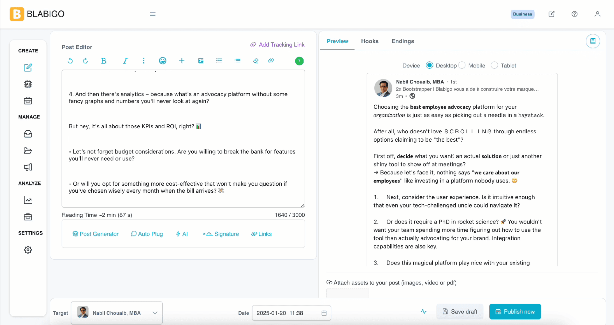 A screenshot of Blabigo's LinkedIn AI post generator, with a preview pane showing a generated post