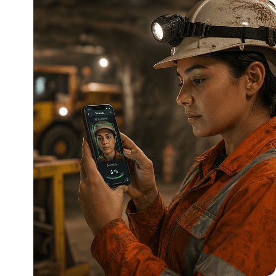 woman in a mine conducting an rPPG scan 