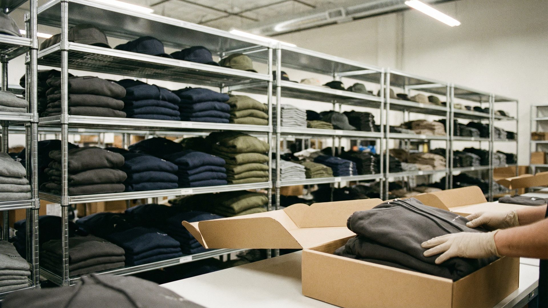A wide shot inside a clean, modern fulfillment warehouse with metal shelving units neatly stocked with premium-quality branded apparel in dark, muted colors. In the foreground, a worker's hands carefully fold and pack a charcoal hoodie into a clean kraft paper box.