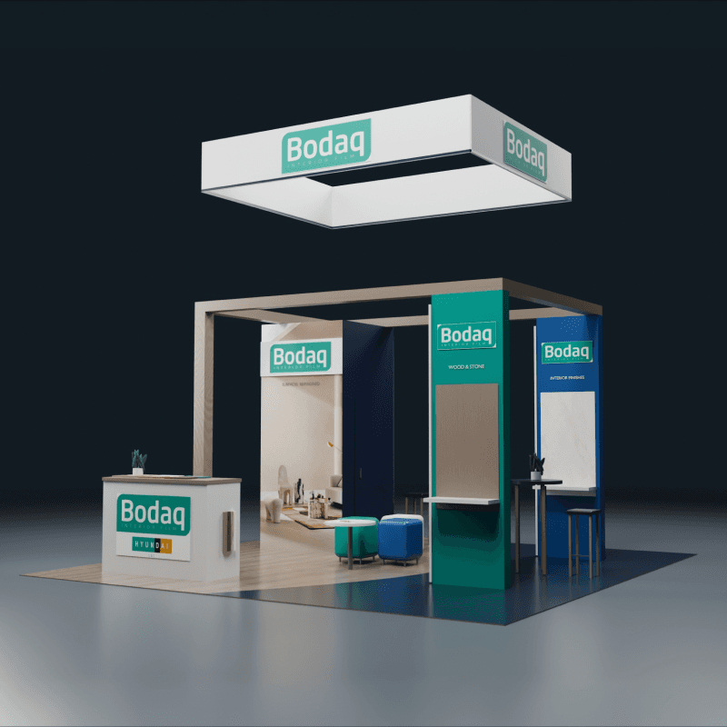 20x20 material display booth rental with overhead branding and full-height sample panels
