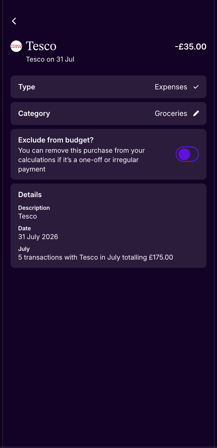 Aida app transaction detail for a Tesco purchase, showing spending category, budget exclusion toggle, and a summary of repeat transactions with the same merchant