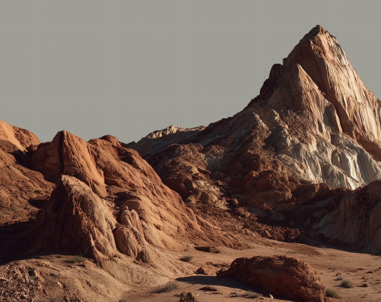 A breathtaking desert landscape showcases rugged, reddish-brown rock formations and a striking, jagged mountain peak under a clear, vast sky.