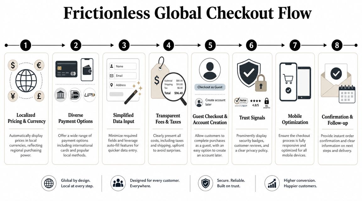 A visual flow chart illustrating the eight essential steps for creating a frictionless global ecommerce checkout experience.