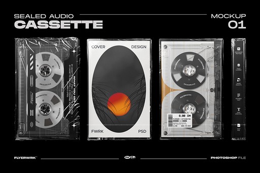 Sealed audio cassette mockup featuring realistic plastic wrap textures and customizable cover design assets.