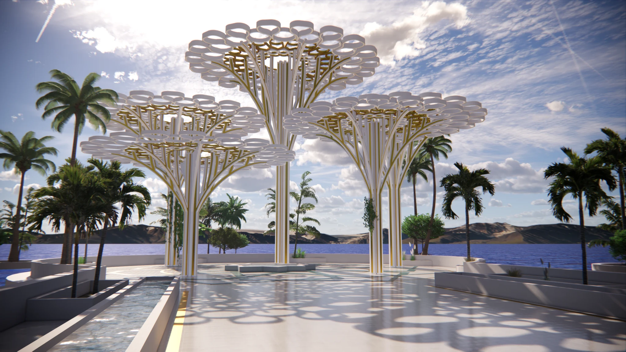 An Arabic landscape filled with golden structures