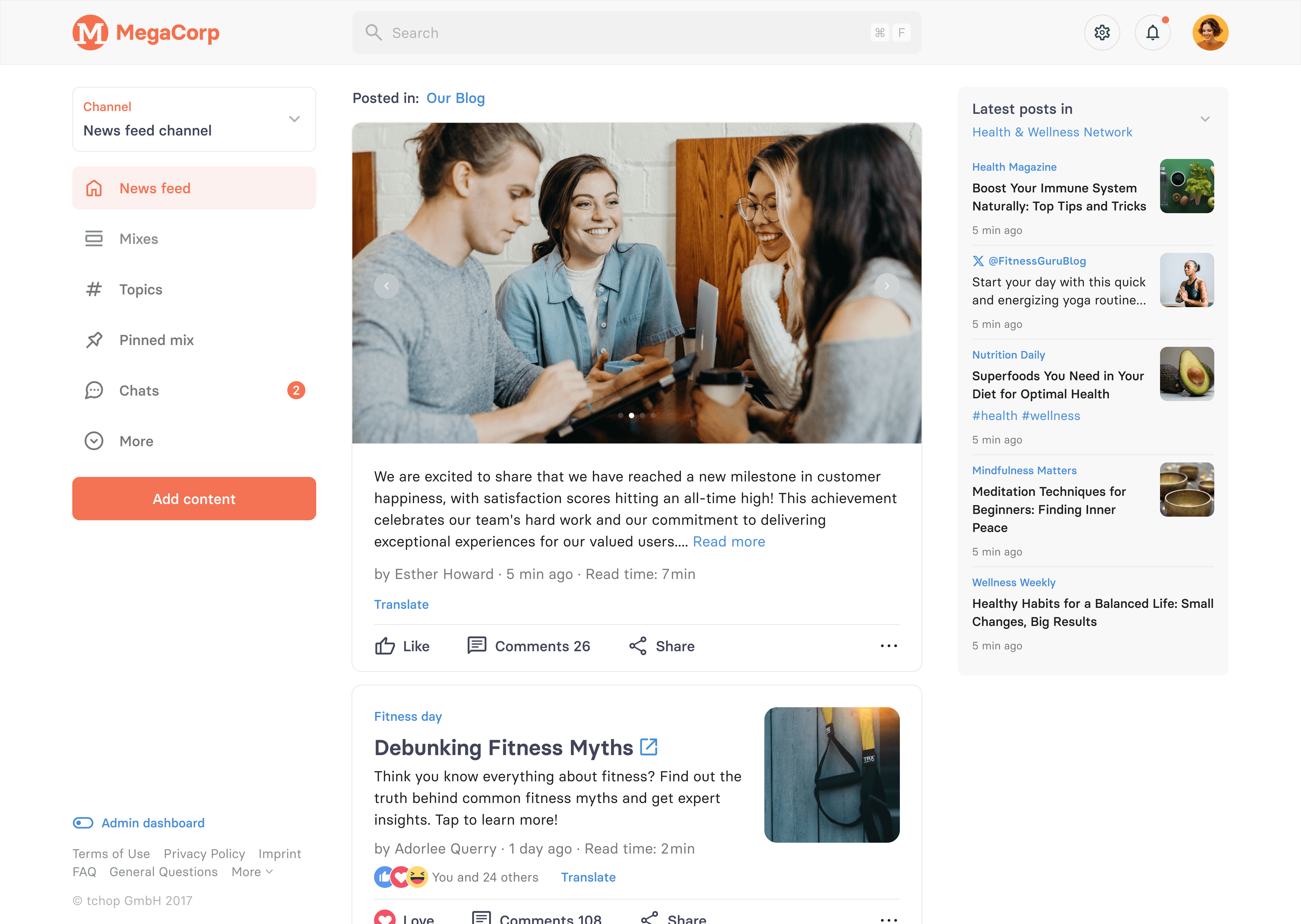 tchop™ web app news feed showcasing employee engagement, latest posts, and content sharing features. Includes a news update, tips, and interactive elements for likes and comments.