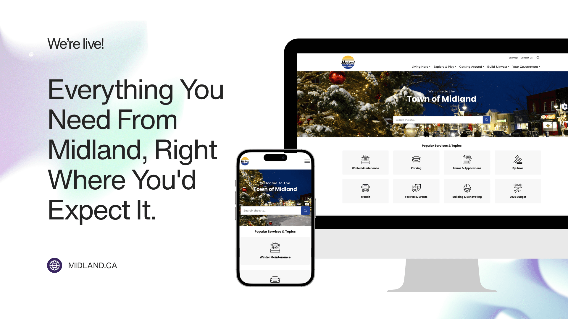 Town of Midland website homepage preview on phone and desktop