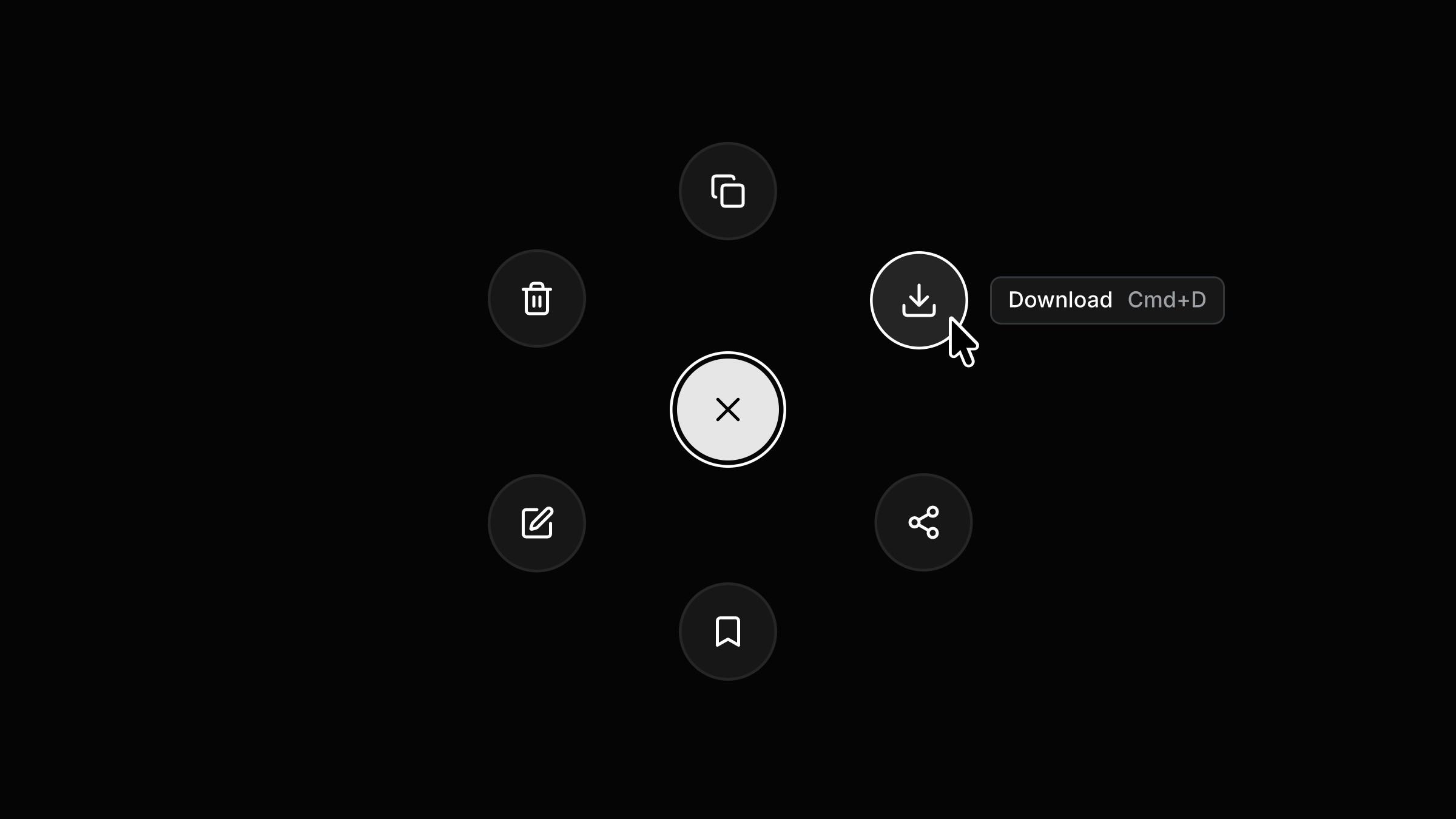 Radial action menu with download, share, and edit options