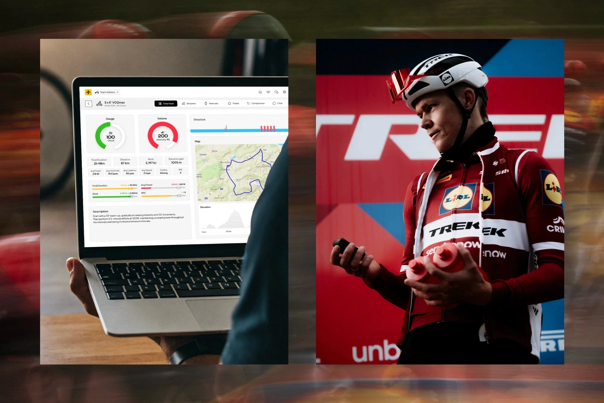 A coach reviewing a Vekta session summary on a laptop, a five by five minute VO2max ride scored separately for volume and intensity, beside a Lidl-Trek rider holding bottles at a race.