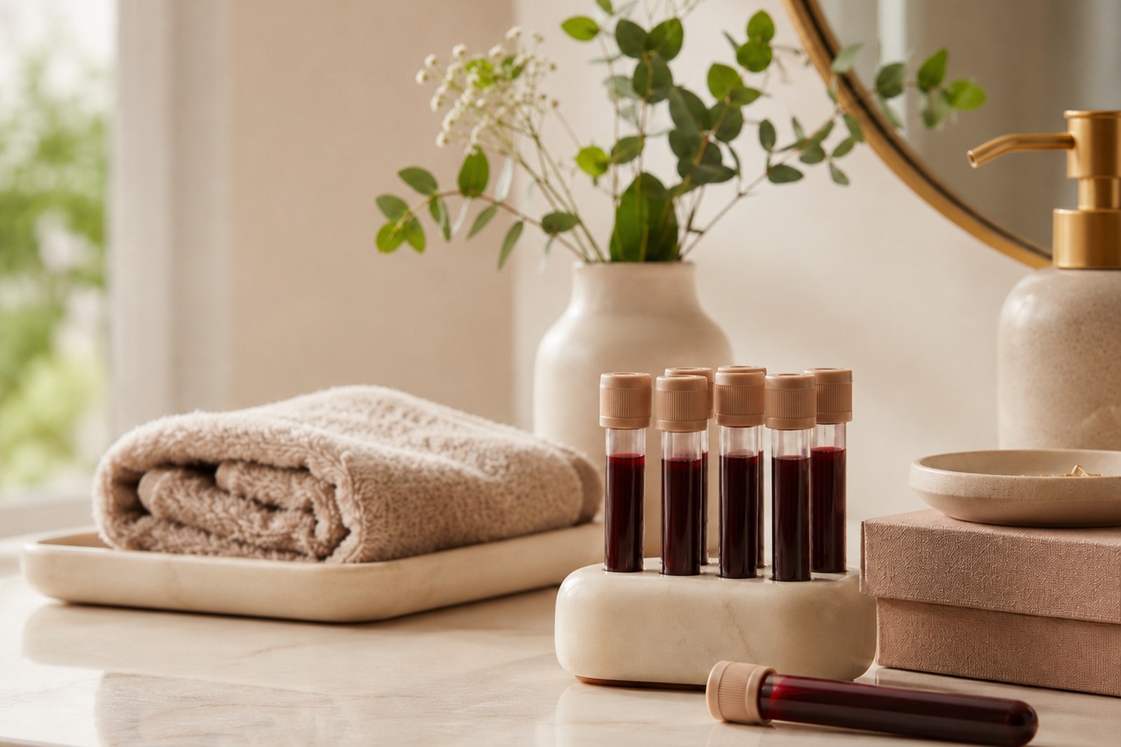 Blood collection tubes arranged on a bathroom counter beside folded towels.