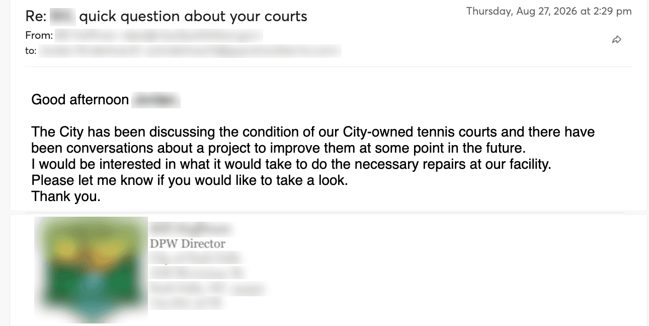 A positive reply to the client’s cold email, names removed