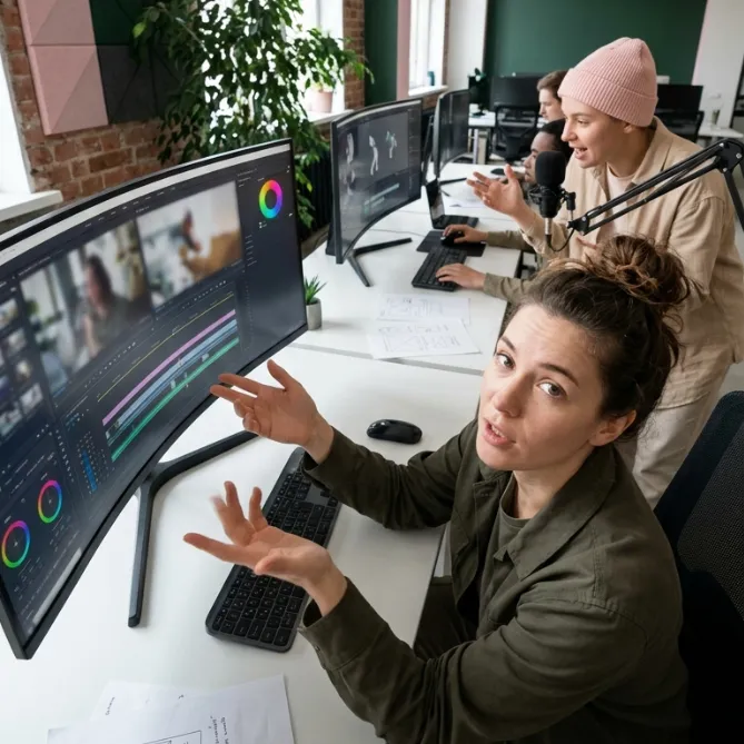 Équipe de consultants en atelier de travail organisant des planches de tendances et des gabarits de réseaux sociaux, illustrant notre expertise en "Stratégie éditoriale RH" pour garantir une prise de parole cohérente et alignée.