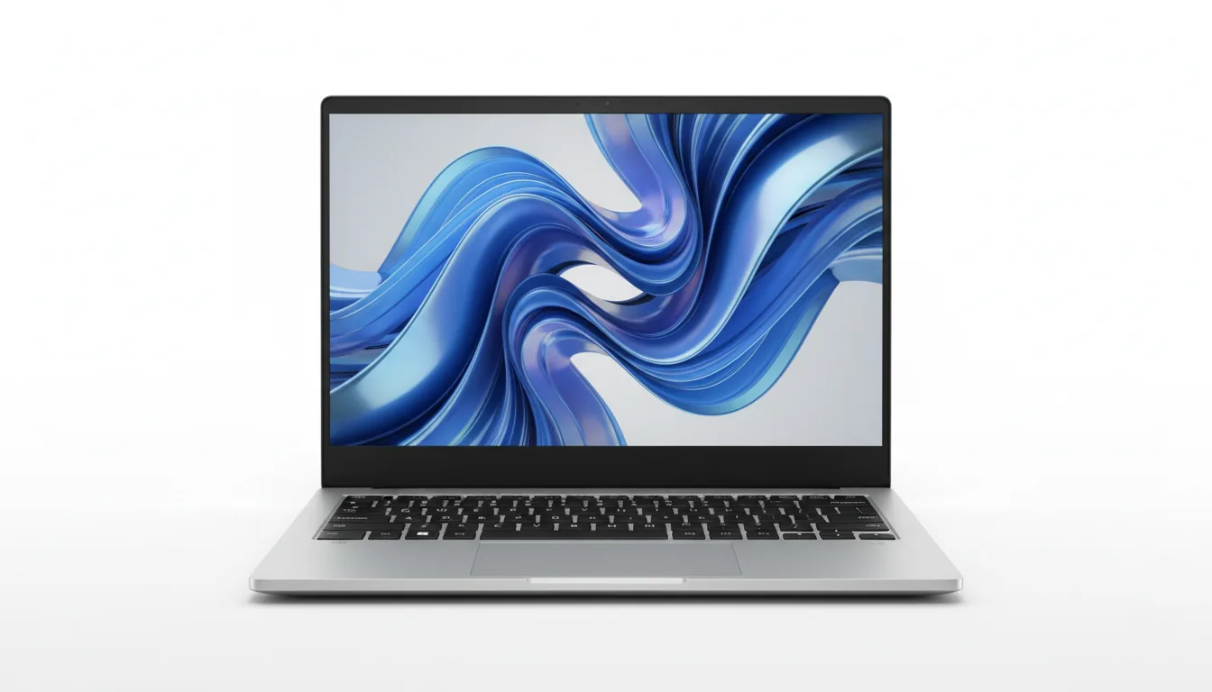 DSLR product photography of a modern silver aluminum laptop inspired by the Dell XPS, open and facing forward, isolated on a stark white background. The laptop has a dark carbon fiber textured palm rest and an ultra-thin bezel display. The screen shows a vibrant, abstract 3D digital artwork of flowing, intertwined, glossy blue ribbons. Soft studio lighting, sharp focus, hyper-detailed, commercial shot.