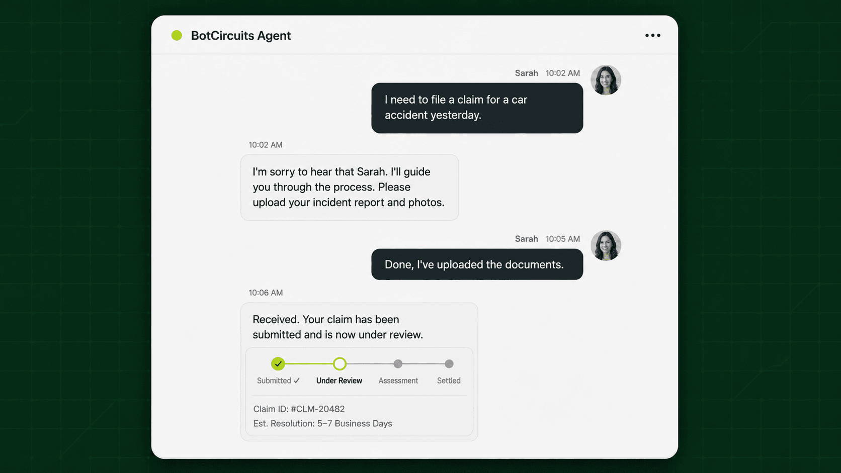 AI agent for insurance companies filing a car accident claim and tracking status through review