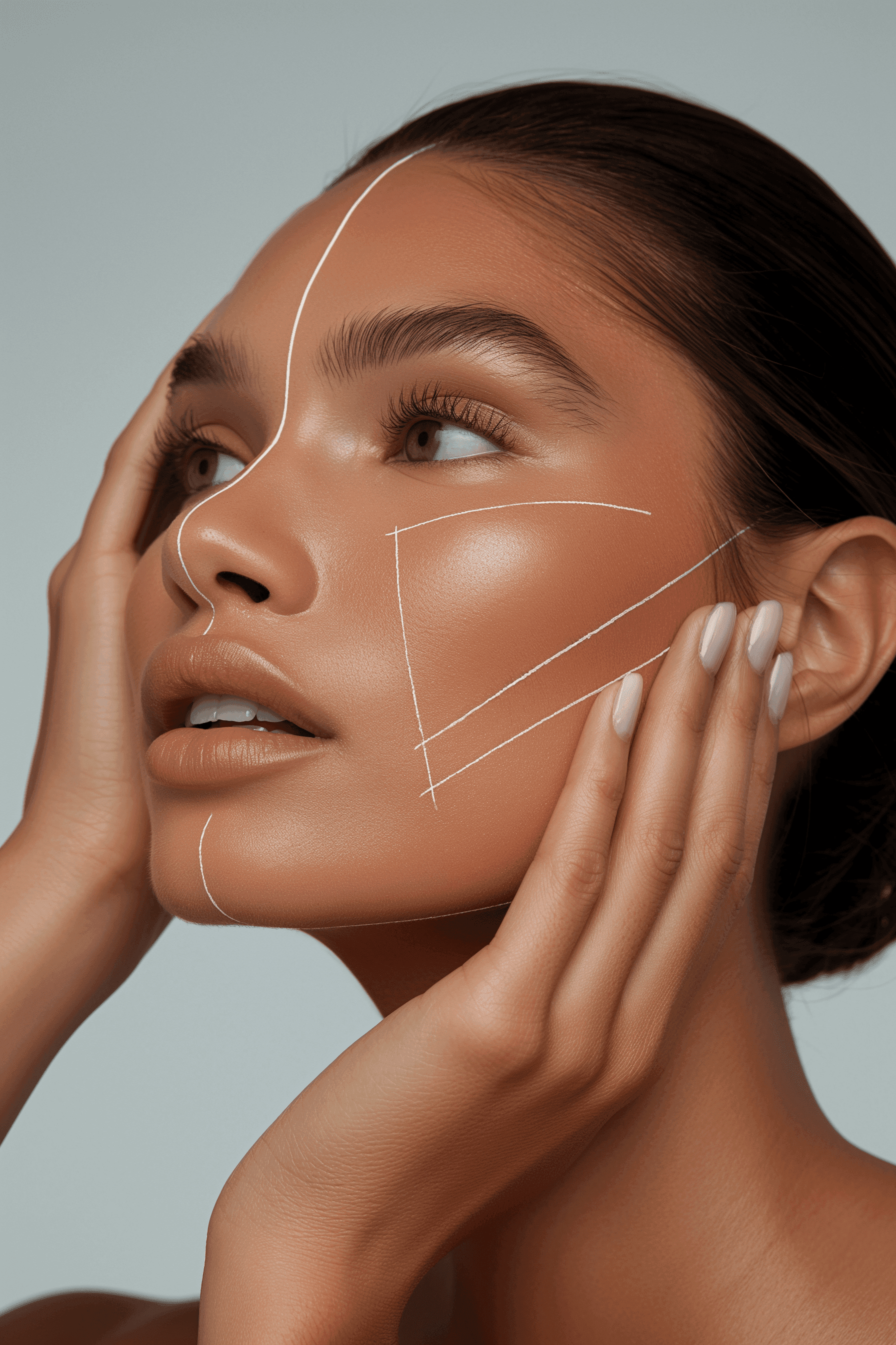 Woman's face with marked lines for aesthetic treatment planning, emphasizing the precision and customization of facial beauty treatments