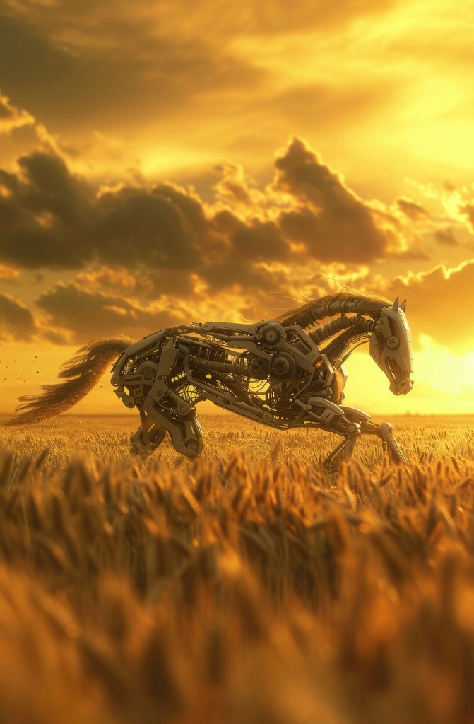 A mechanical horse running through a field of golden wheat at sunset