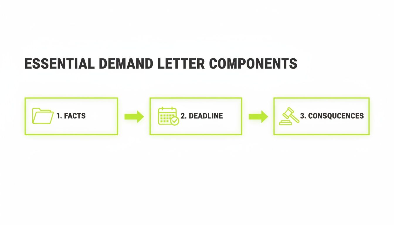 A flowchart outlining the essential components of a demand letter: facts, deadline, and consequences.