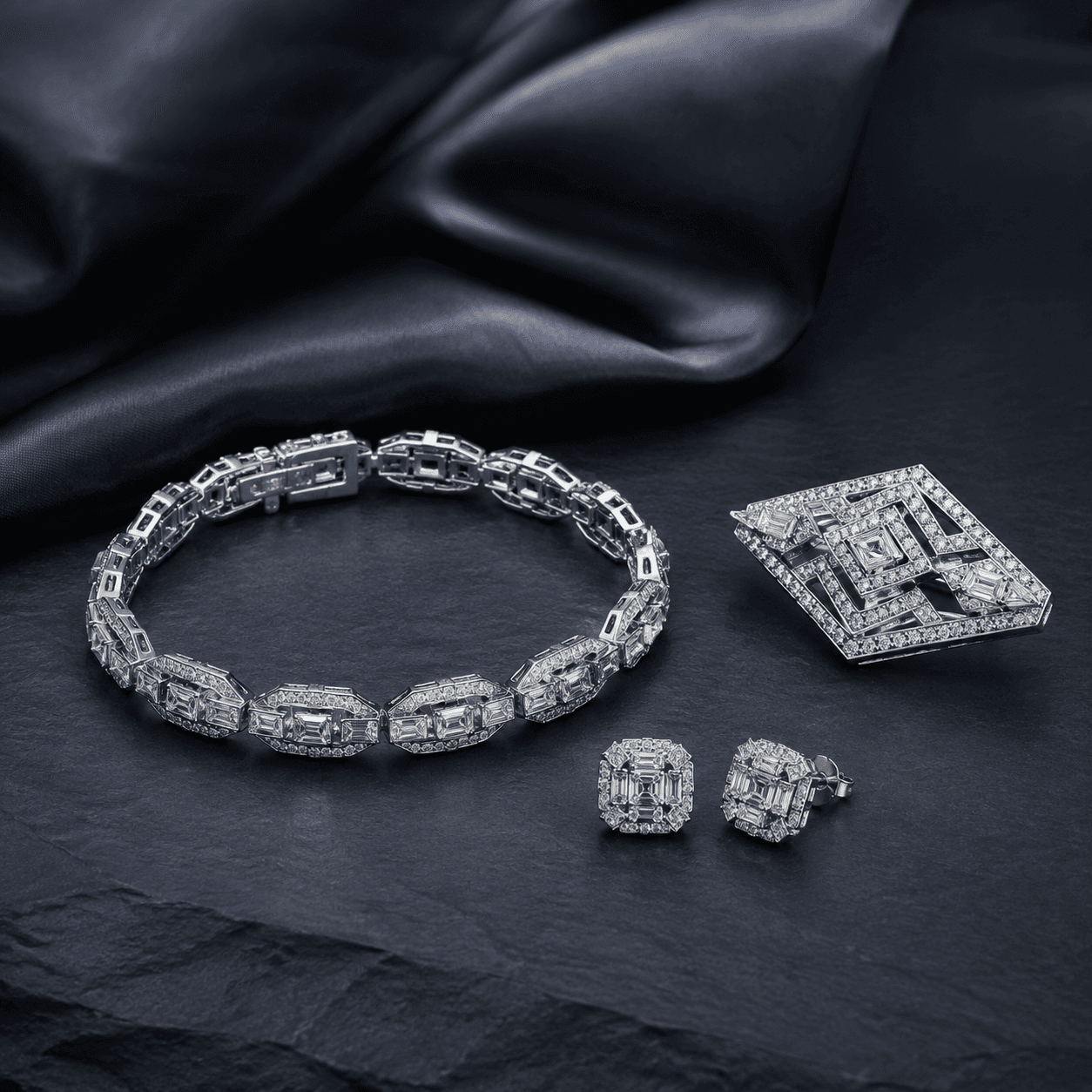 Geometric diamond jewellery set arranged for a premium valuation enquiry