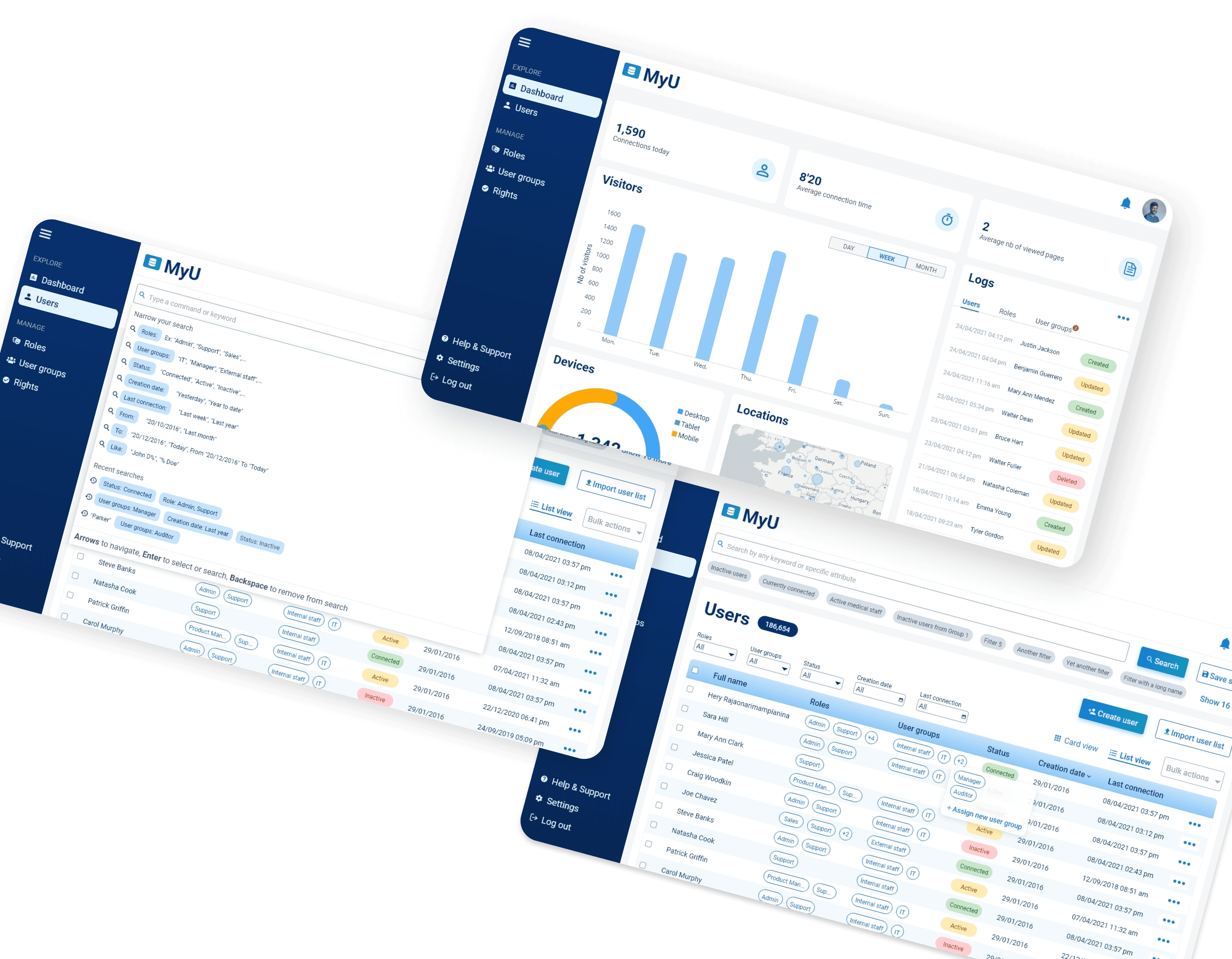 A picture showing 3 screenshots of the user management app