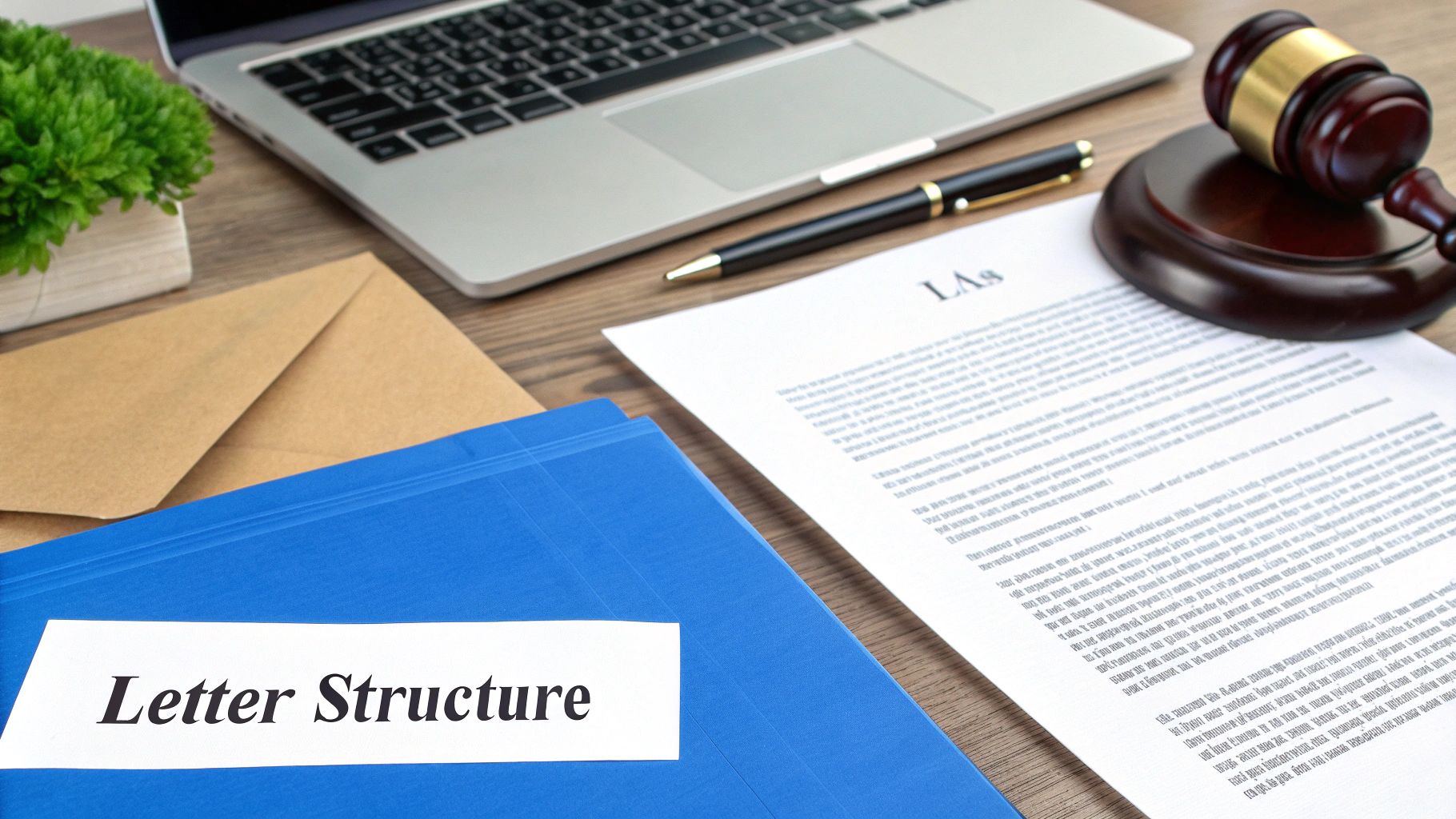 A professional desk setup with a laptop, blue folder labeled 'Letter Structure', legal document, pen, and gavel.