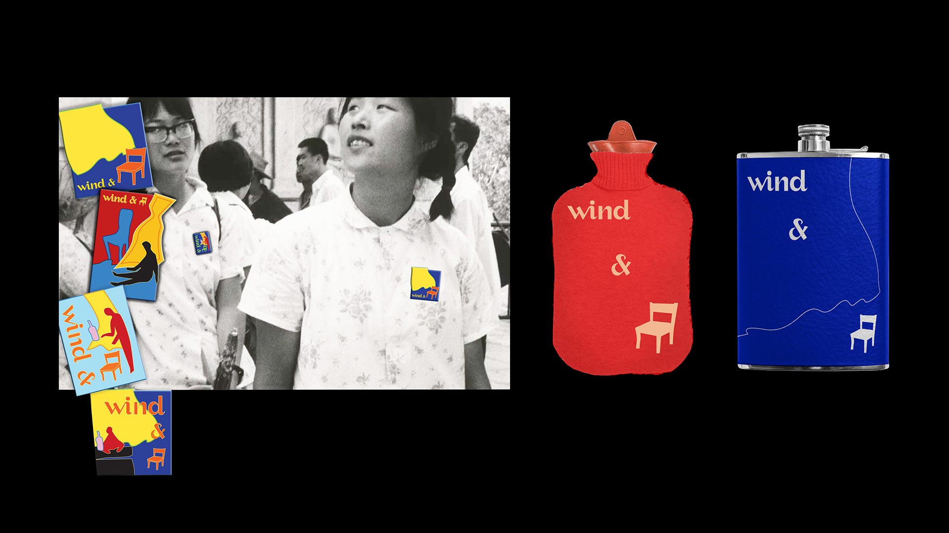A collage of images includes a large black and white photo of a woman in a white shirt with a small logo, a red thermos labeled “wind &” with a white chair icon, and a blue thermos labeled “wind &” with a white chair icon. The word “wind” appears on both the thermos and the woman’s shirt. The background is black.