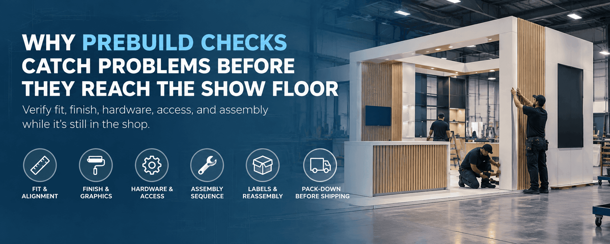 Trade show booth prebuild checks in a fabrication shop with fit, finish, hardware, access, assembly sequence, labeling, reassembly, and pack-down verification