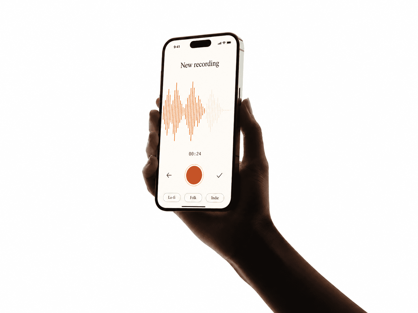 A hand holding an iPhone displaying the String app recording screen, with an orange audio waveform and a red record button.