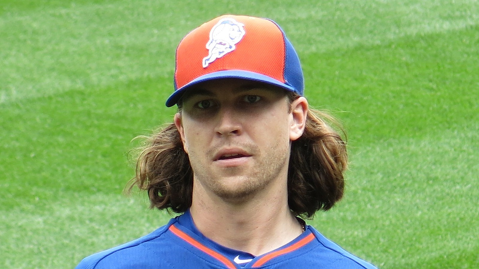 Close-up of Jacob deGrom in a New York Mets cap, face clearly visible