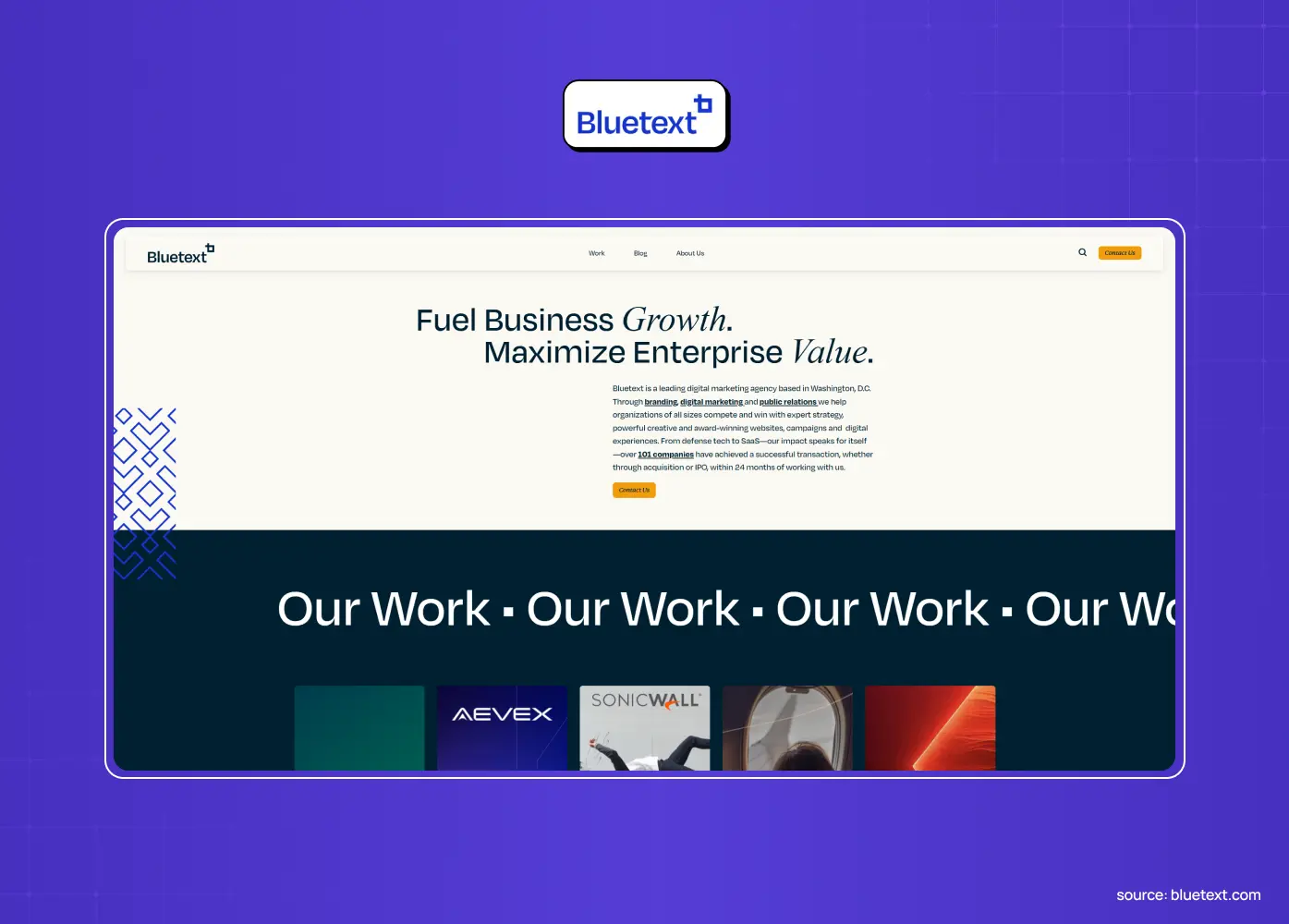 Bluetext website promoting business growth and enterprise value, with a portfolio section displaying client project thumbnails.