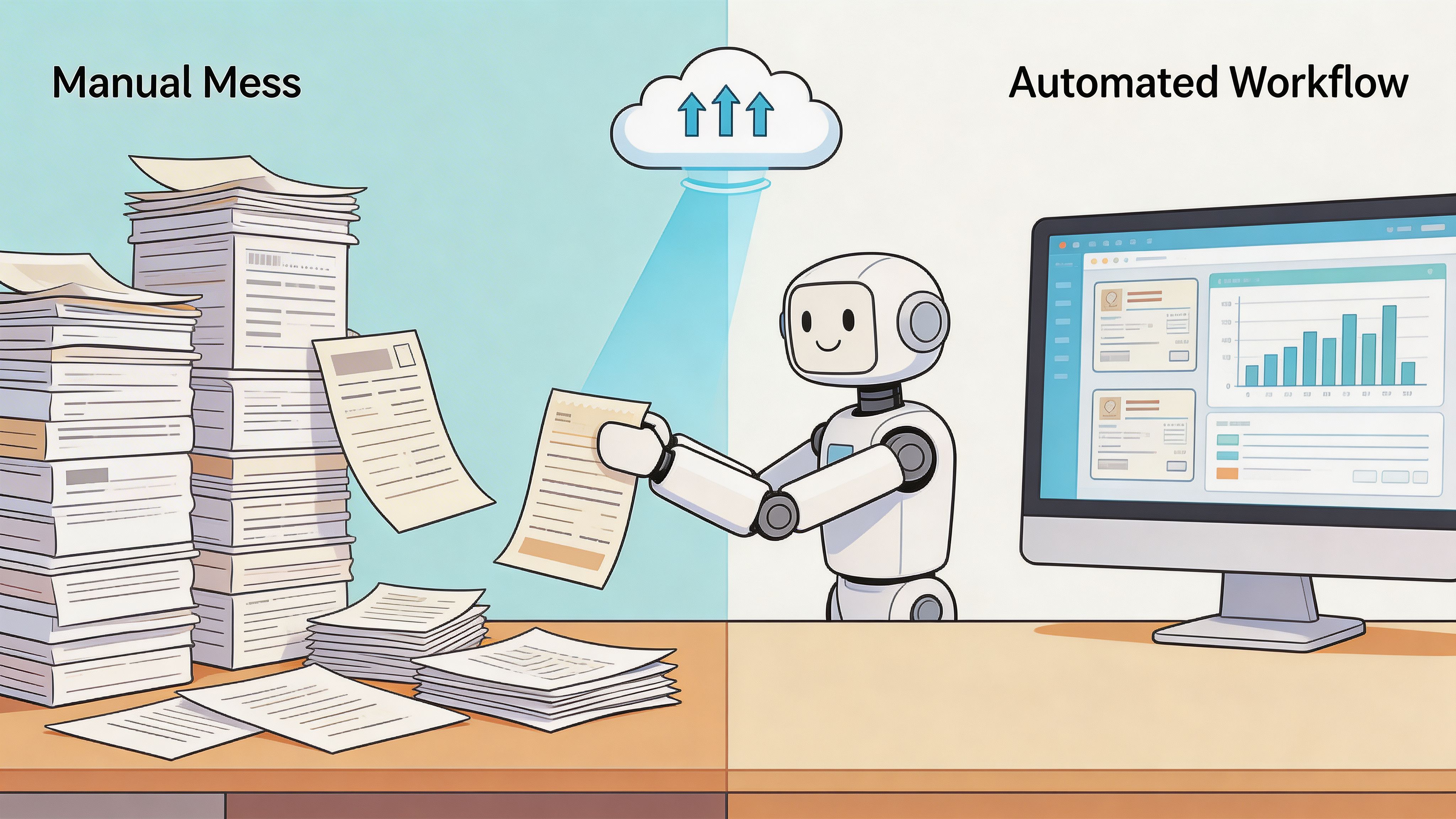 A robot processes paper documents and uploads data to the cloud for an automated accounting workflow.