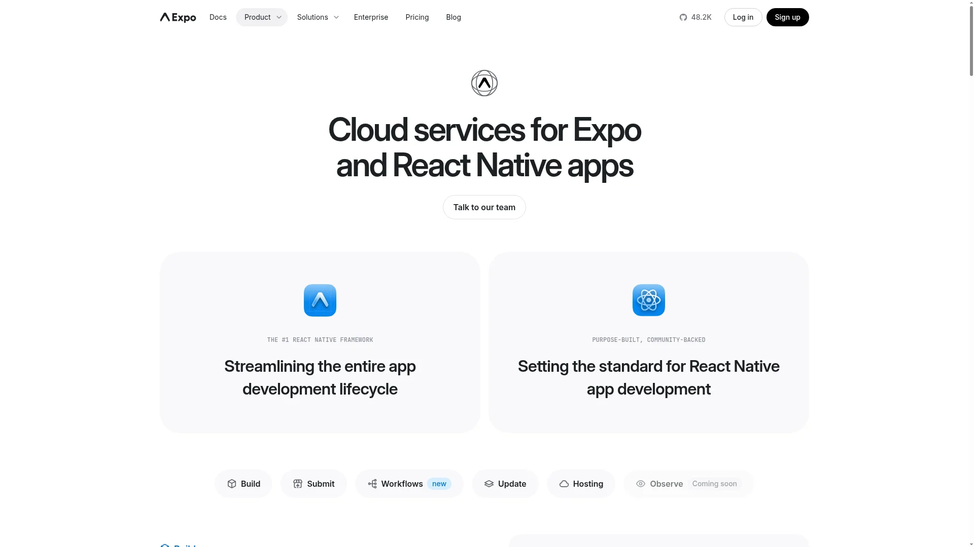 Expo Application Services dashboard for building and submitting React Native apps