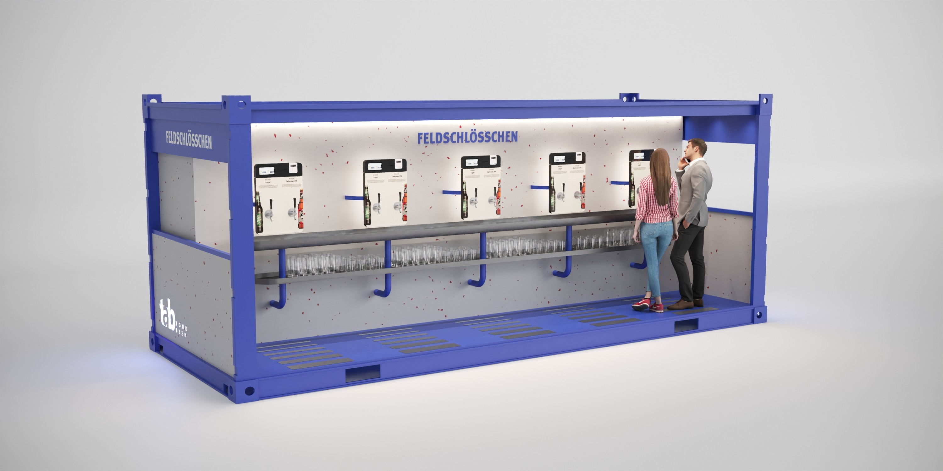 Blue container for a service terminal bar are for a retail design event for the beer brand feldschlösschen