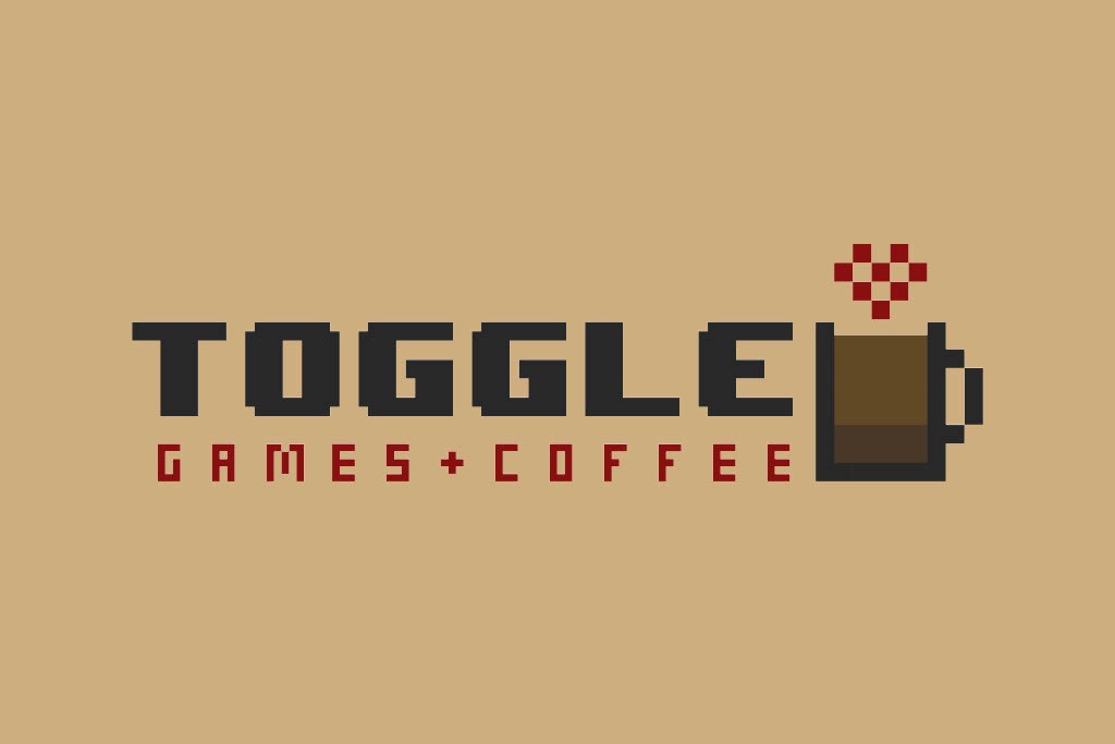 A pixel-art logo reading "Toggle Games + Coffee" with a steaming coffee mug rendered in pixel style, using a brown, red, and beige color scheme. Caption: The primary logo for Toggle, blending gaming nostalgia with a cozy café vibe.