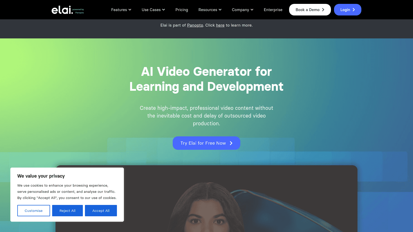 Elai AI video generator landing page showcasing tools for learning and development with a free trial button.
