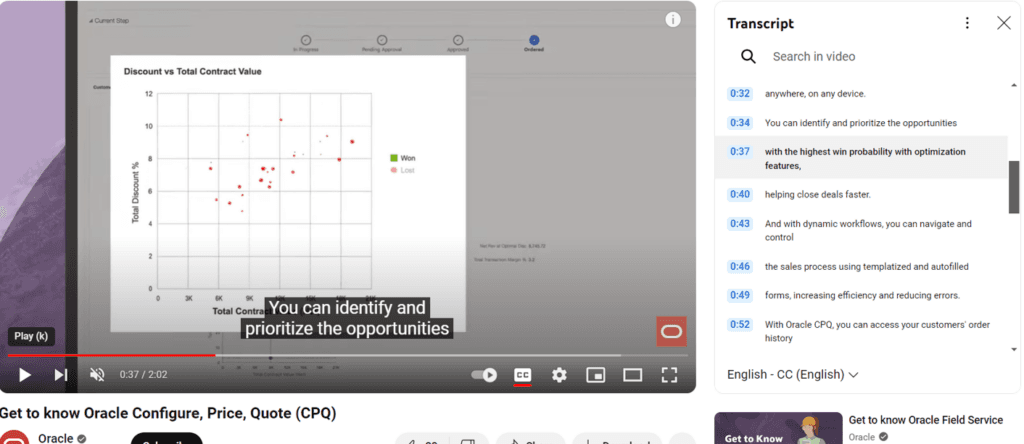 Oracle CPQ product demo highlighting sales optimization and deal analysis chart