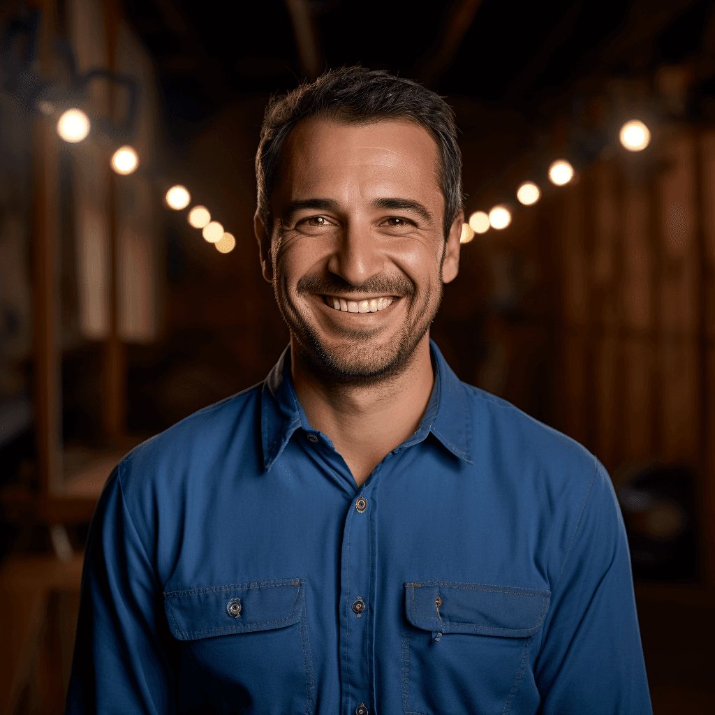 A smiling man in a blue shirt stands in a warmly lit room with wooden walls and soft hanging lights.