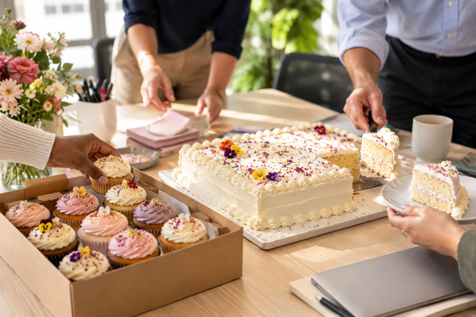 Office team sharing a sheet cake and cupcakes