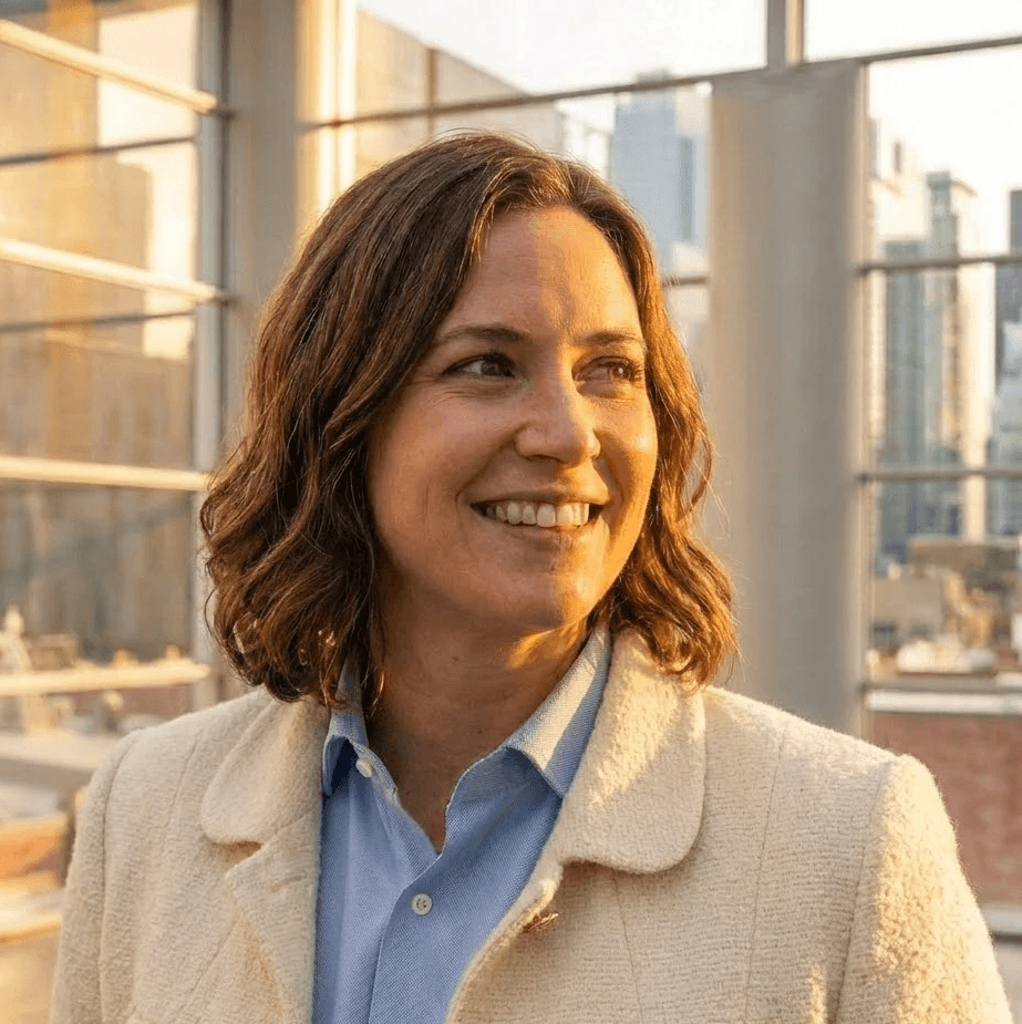 A woman with red hair and a black sleeveless top smiling confidently in a bright, modern indoor setting.