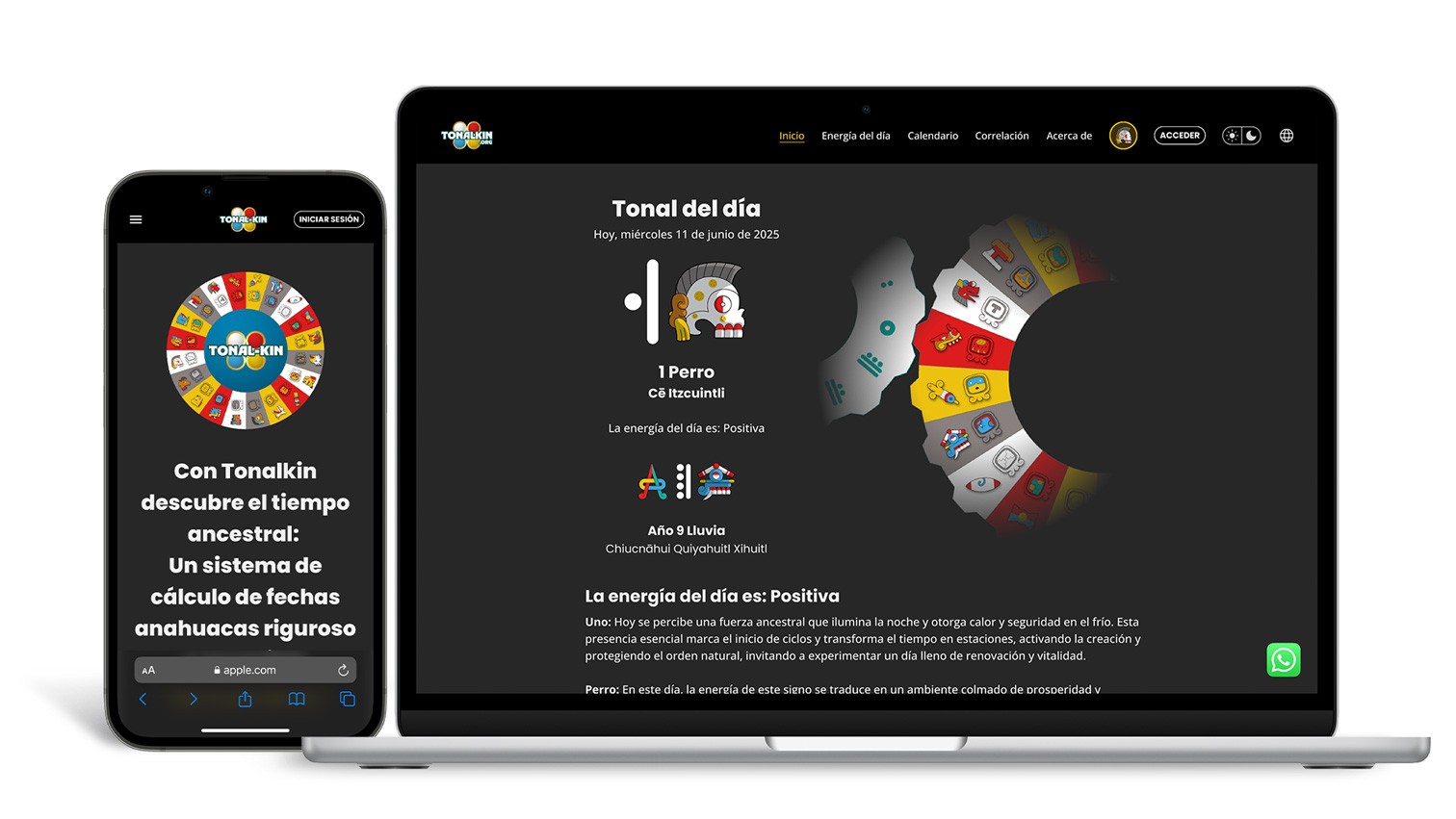 Maqueta de alta fidelidad (mockup) que muestra el diseño responsivo de la landing page de Tonalkin.org; se observa la adaptación de la interfaz del calendario mesoamericano desde una versión de escritorio hasta una versión móvil, manteniendo una estética moderna con iconografía Nahua.