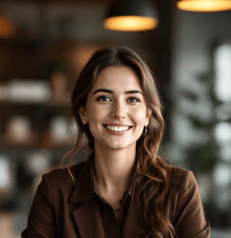Smiling woman sitting at a table in a cafe